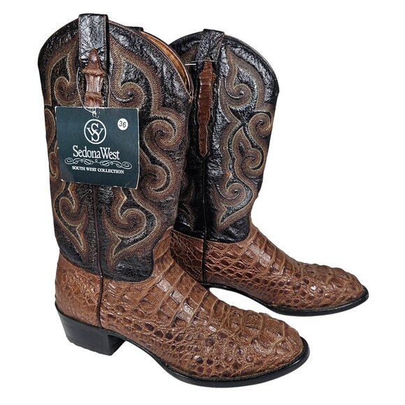 Sedona West Mens Cowboy Boots Leather Crocodile Print Cognac Brown Mens 7.5D NWT - Picture 1 of 14